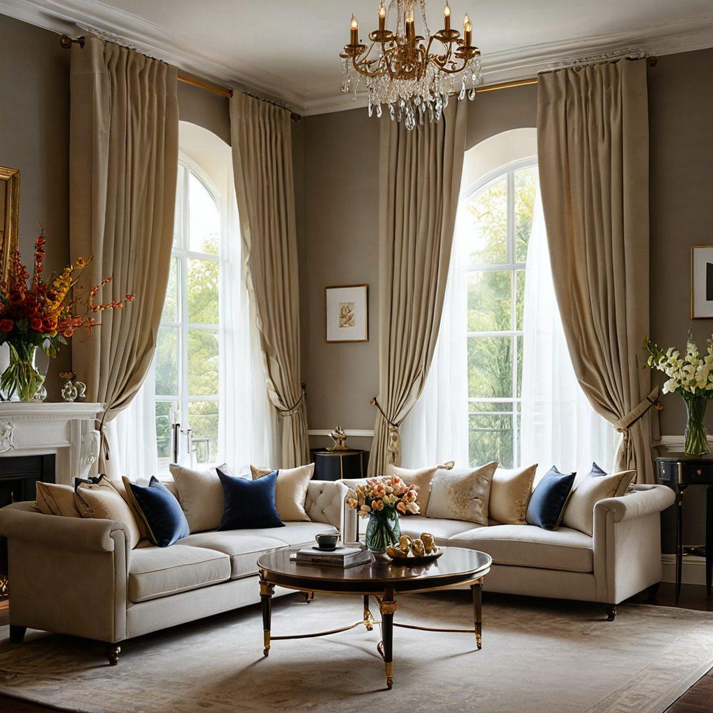 A captivating view of a beautifully styled room showcasing HSWZ's stunning offerings, featuring elegant furniture pieces, intricate decor, and soft ambient lighting. Include a large window with a scenic outdoor view, flowers in a vase, and subtle hints of luxury fabrics. The overall ambiance should evoke charm and allure. super-realistic. vibrant colors. soft background.