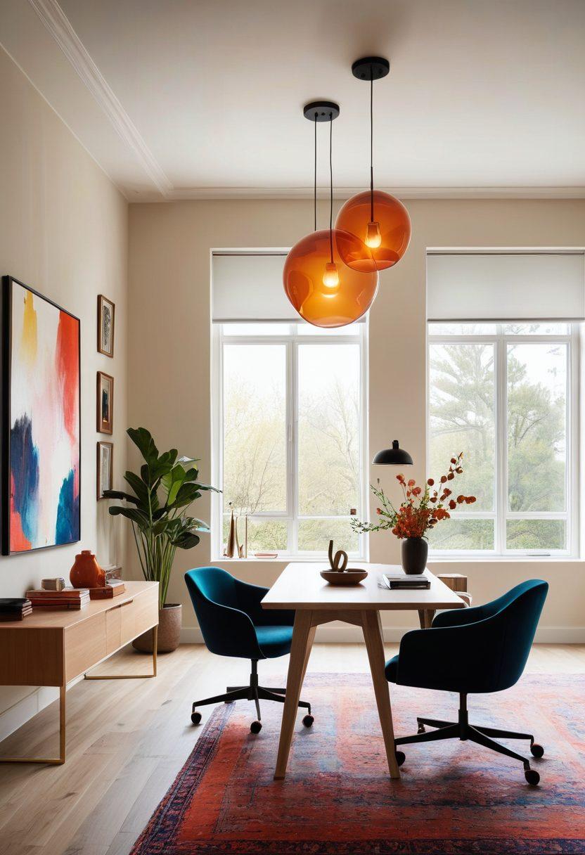 A sleek, modern workspace filled with captivating design elements, showcasing a blend of HSWZ aesthetic solutions including minimalist furniture, vibrant abstract art, and innovative lighting fixtures. Natural light spills in through large windows, creating a harmonious atmosphere that invites creativity. Elements should evoke allure and sophistication, combining soft textures with bold colors. super-realistic. vibrant colors. contemporary style.