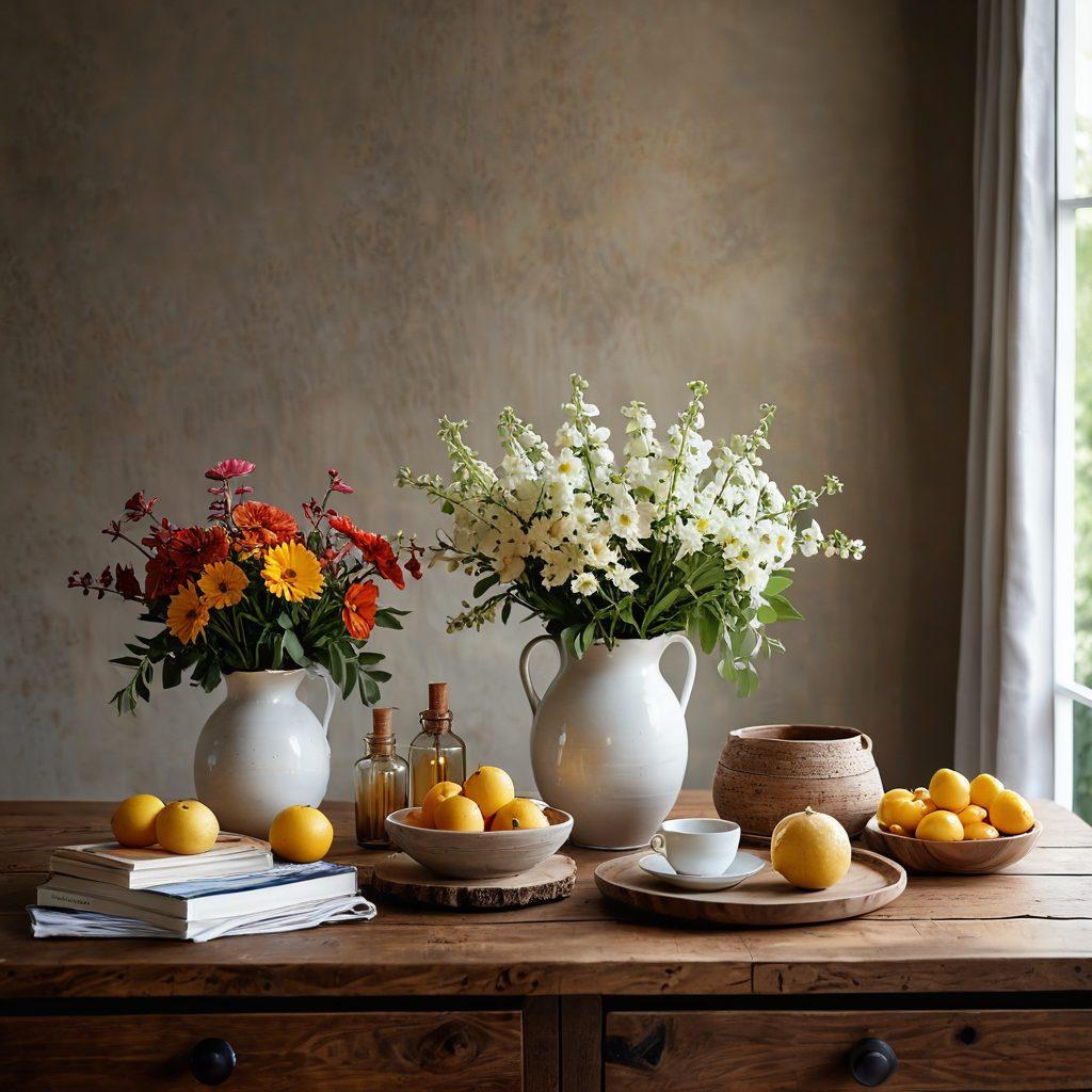 A beautifully arranged display of HSWZ products showcasing their charming designs, with various items like trendy accessories and decor pieces artfully placed on a rustic wooden table. Soft, natural lighting enhances the colors and textures, surrounded by delicate flowers and leaves that symbolize beauty and growth. The background features an inviting home setting, hinting at modern elegance. super-realistic. vibrant colors. soft focus.